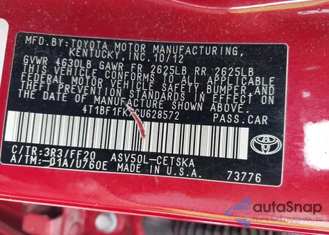 2012 Toyota Camry Se Limited Edition из США, поврежденный, VIN 4T1BF1FK7CU628572